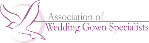 Wedding gown specialists logo with a bird flying in pink and grey.